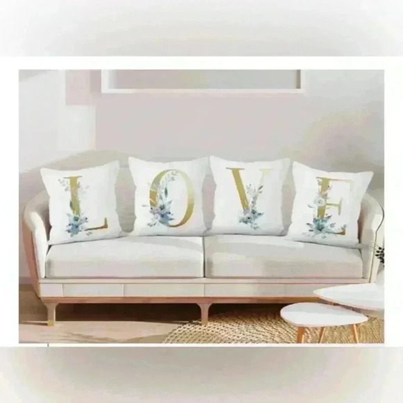 Pillow Covers 18x18” 1 pc I Alphabet Linen White/Gold I Blue Floral Boho Cottage - Picture 9 of 13